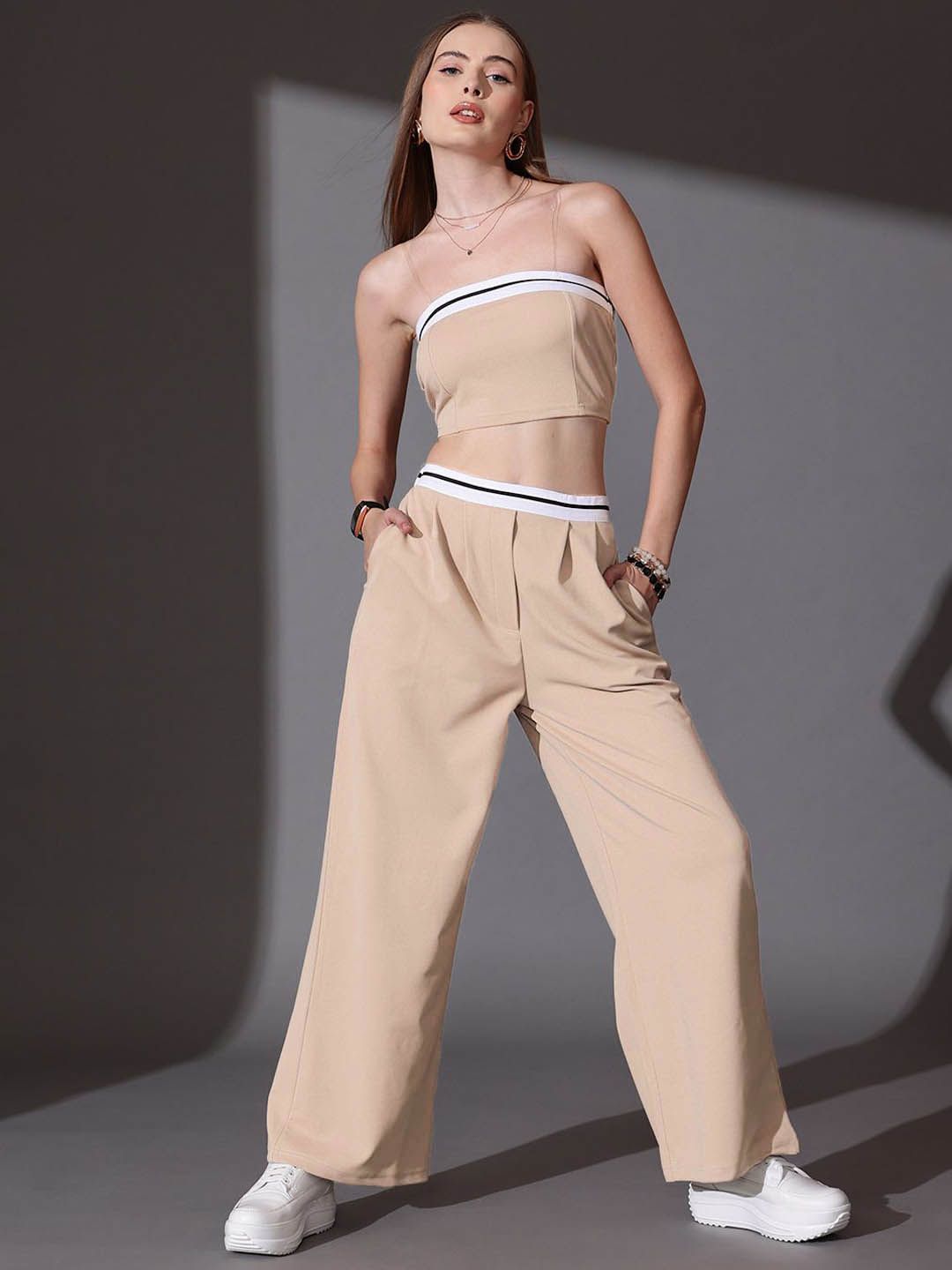 STREET 9 Solid Off Shoulder Top &Trousers Co-ord Set
