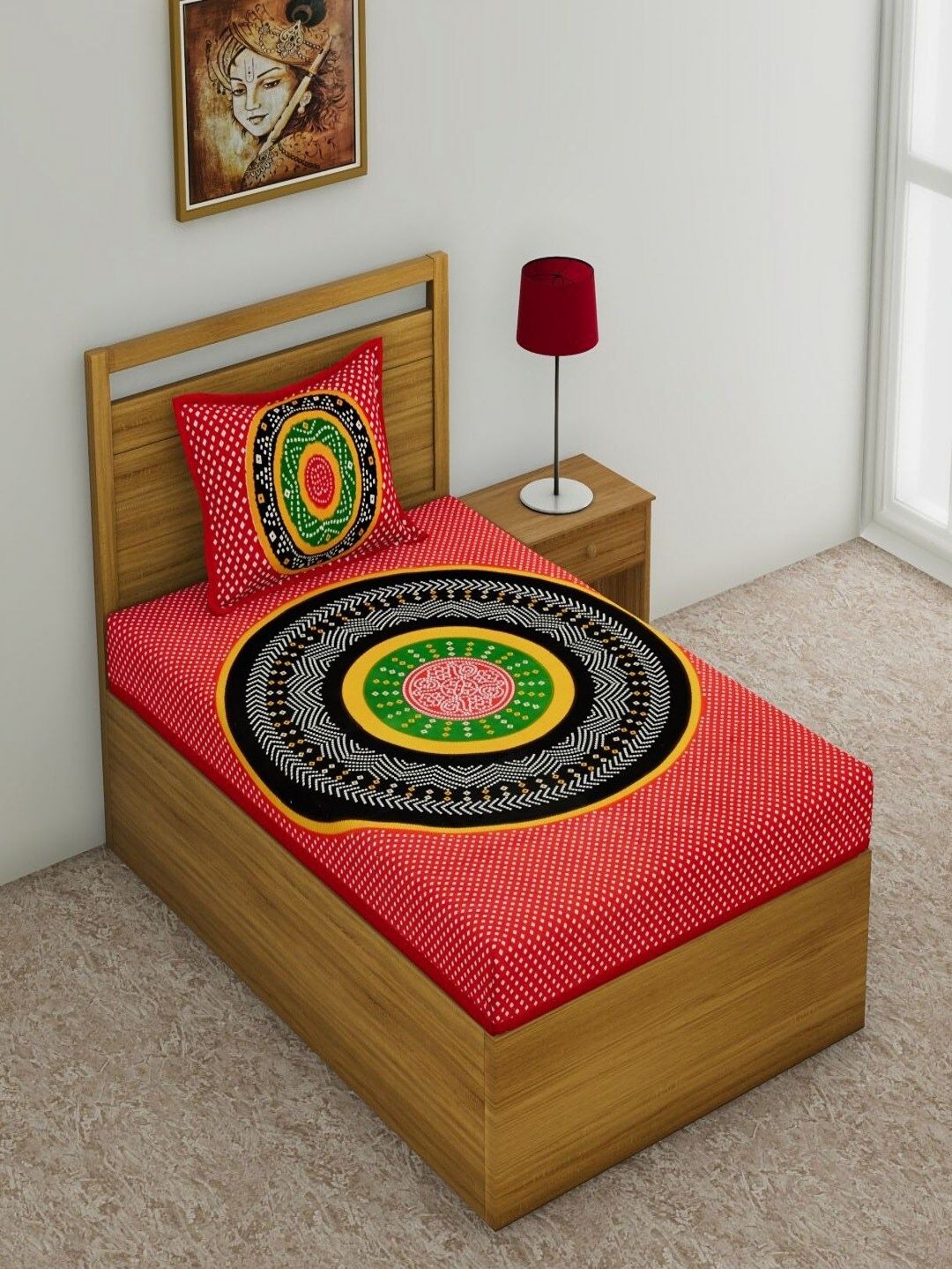 Aura Red & Black Ethnic Motifs 120 TC Pure Cotton Single Bedsheet with 1 Pillow Cover-picture-16