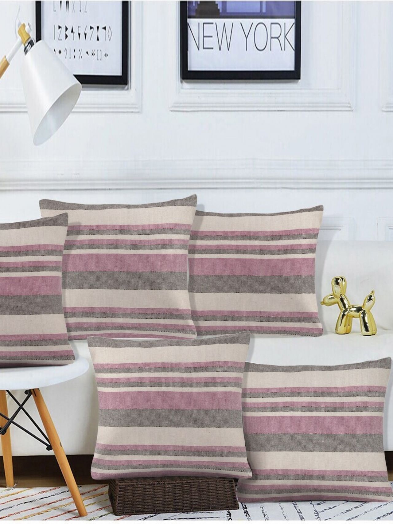 KLOTTHE 5-Pcs White & Pink Striped Cotton Cushion Covers-image-30