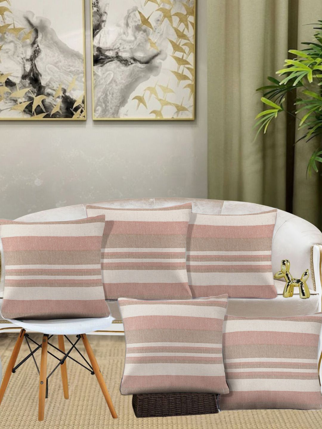 KLOTTHE Pink 5 Pieces Striped Pure Cotton Cushion Covers-picture-28