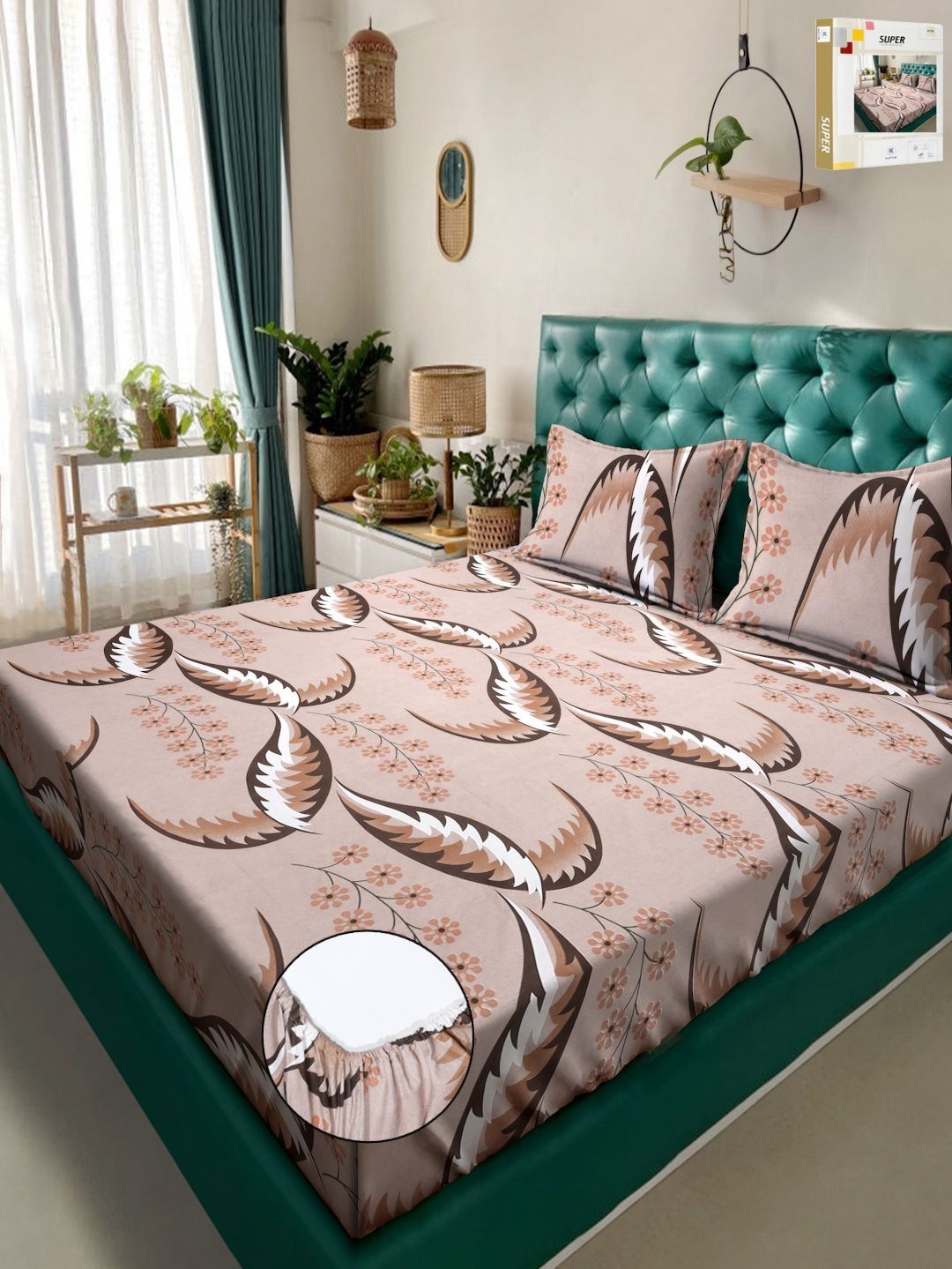 KLOTTHE Pink & Brown Printed 300 TC Double King Fitted Bedsheet With 2 Pillow Covers-image-29