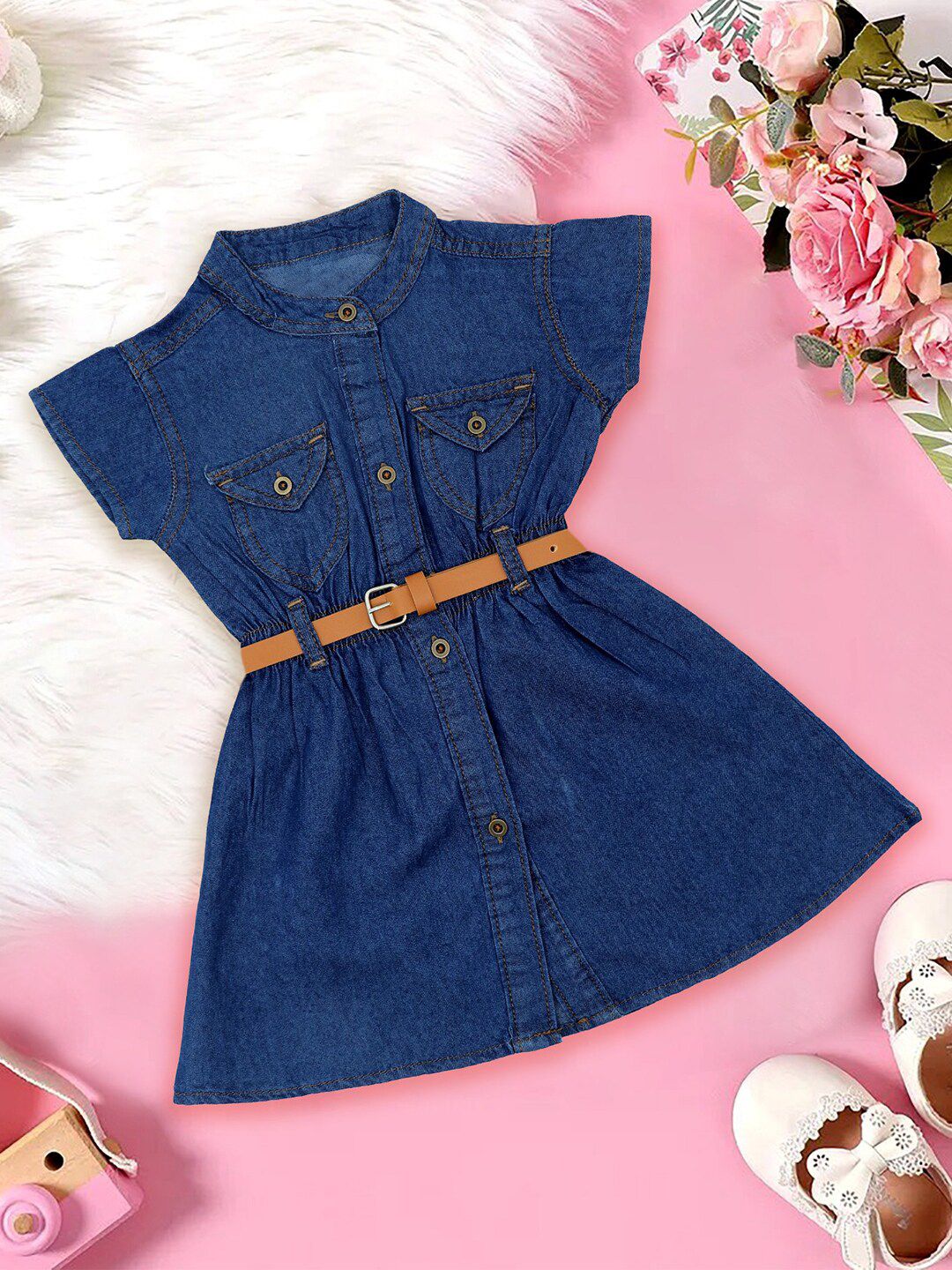 Bold N Elegant Girls Mandarin Collar Denim Shirt Dress With Belt-picture-27