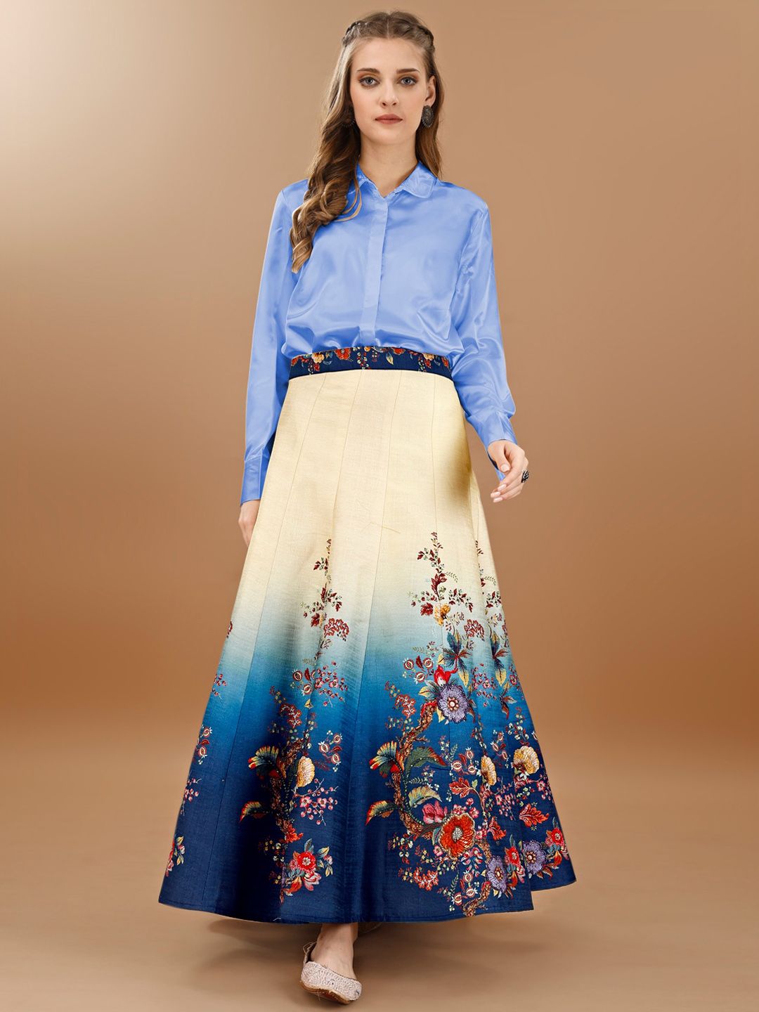 SAPTRANGI Floral Printed Flared Maxi Skirt-picture-21