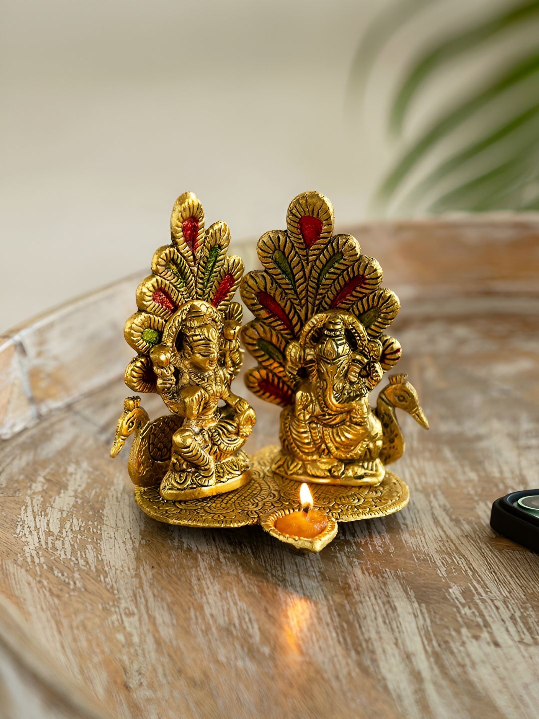 ExclusiveLane Gold Toned Laxmi Ganesh & Peacock Idol & Diya Decorative Showpiece Figurine-picture-2