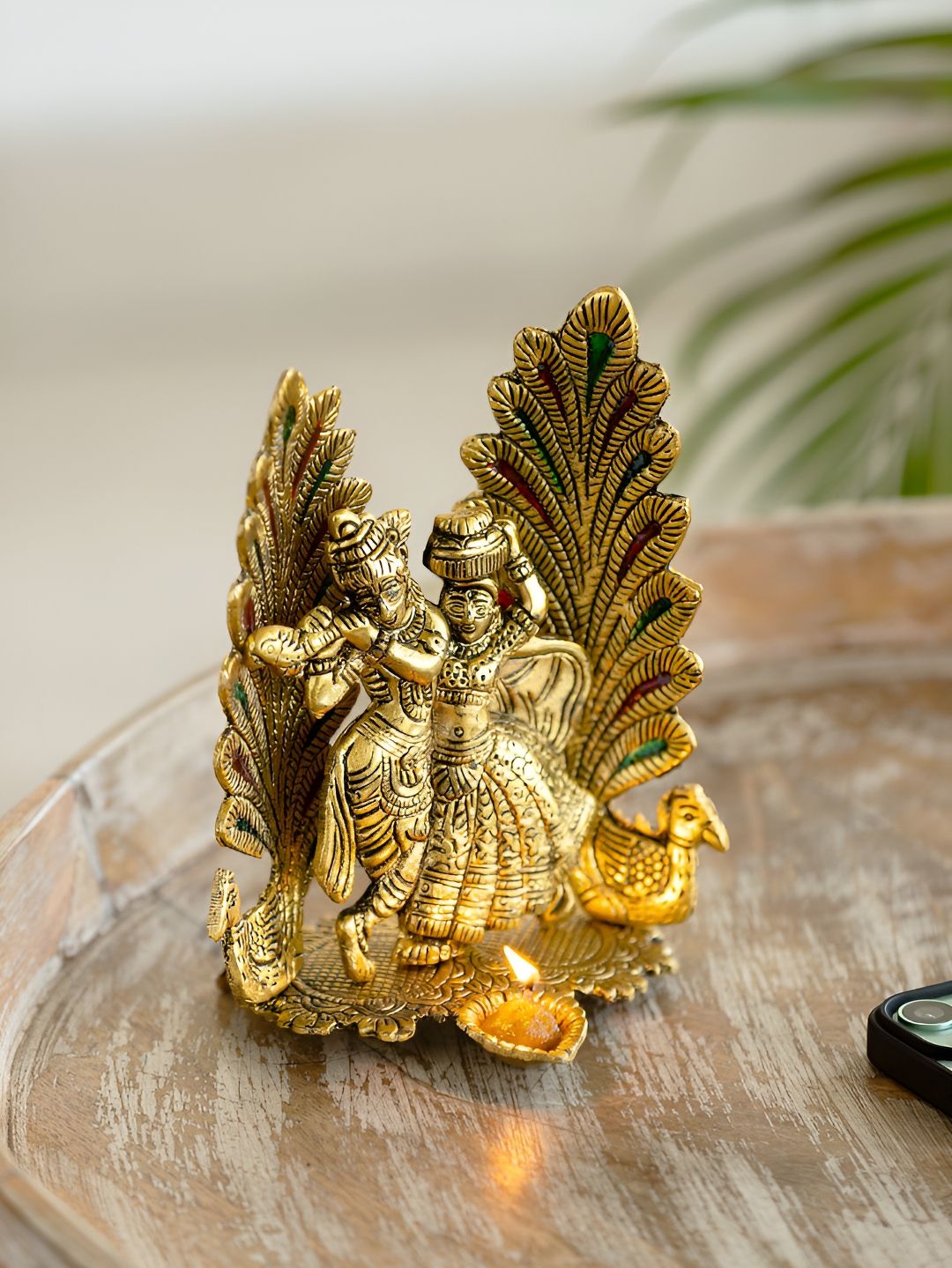 ExclusiveLane Gold Toned Radha Krishna & Peacock Idol & Diya Decorative Showpiece Figurine-picture-1
