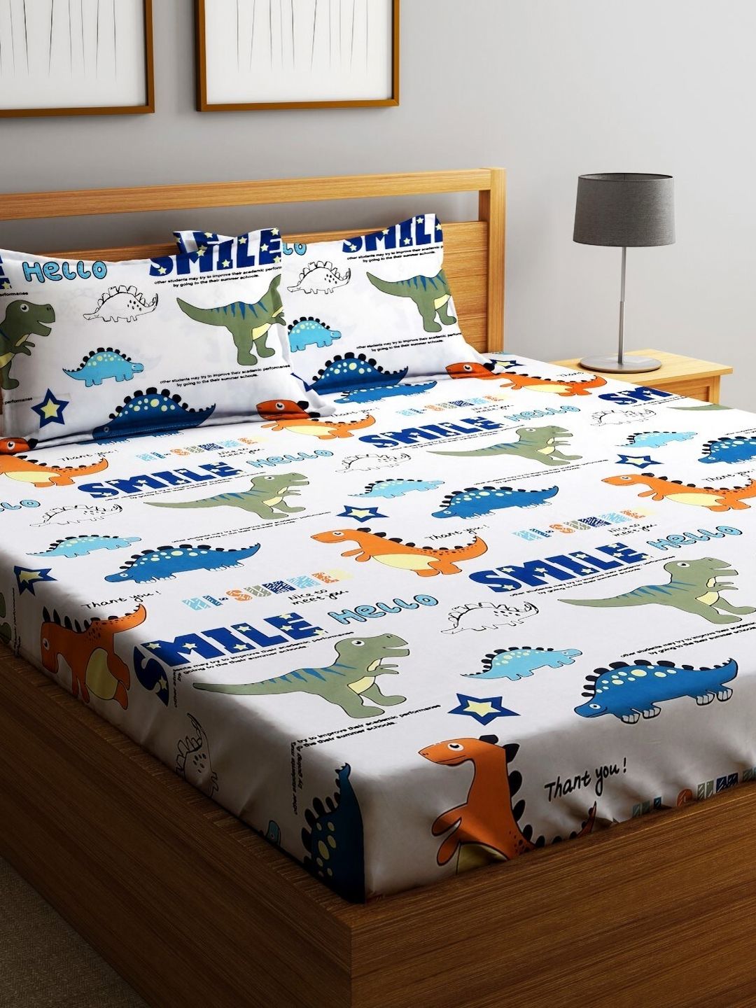 Home Sizzler White & Blue Cartoon Characters 210 TC Queen Bedsheet With 2 Pillow Covers-picture-19