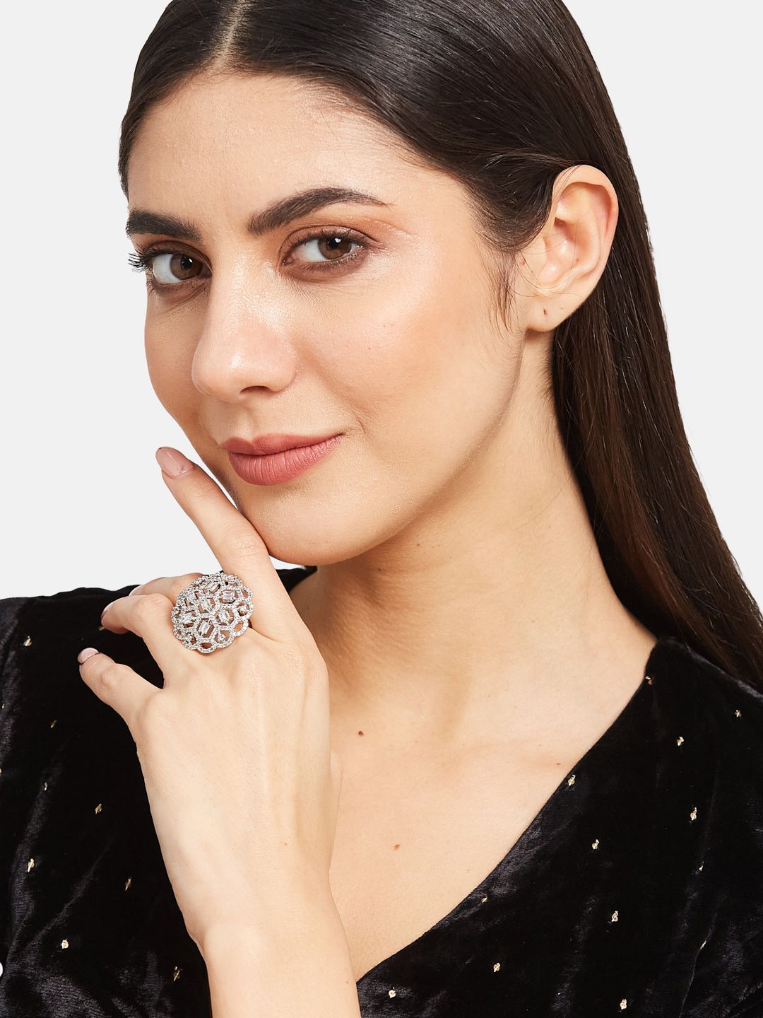 ATIBELLE Women Set of 2 Silver-Plated CZ-Studded Finger Rings