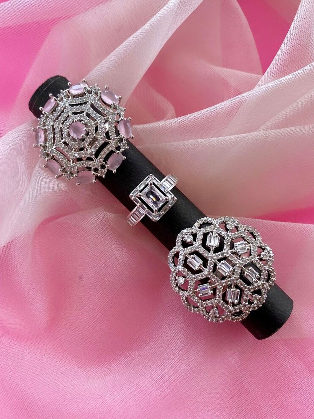 ATIBELLE Women Set of 3 Silver-Plated CZ-Studded Finger Rings