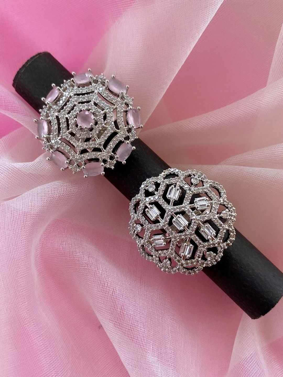 ATIBELLE Women Set of 2 Silver-Plated CZ-Studded Finger Rings