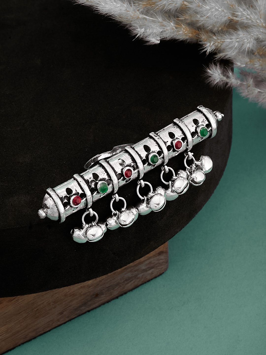 ATIBELLE Women German Silver-Plated Stone Studded Ghunghroo Beaded Finger Ring
