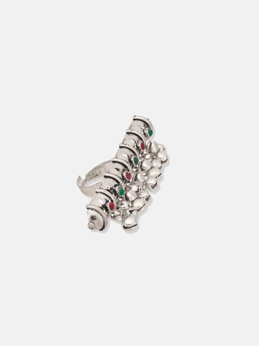 ATIBELLE Women German Silver-Plated Stone Studded Ghunghroo Beaded Finger Ring