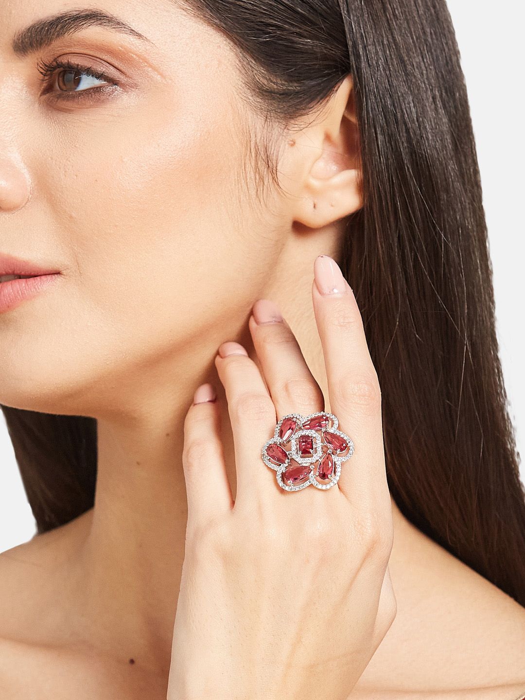 ATIBELLE Women Set Of 2 Silver-Plated CZ-Studded Finger Rings