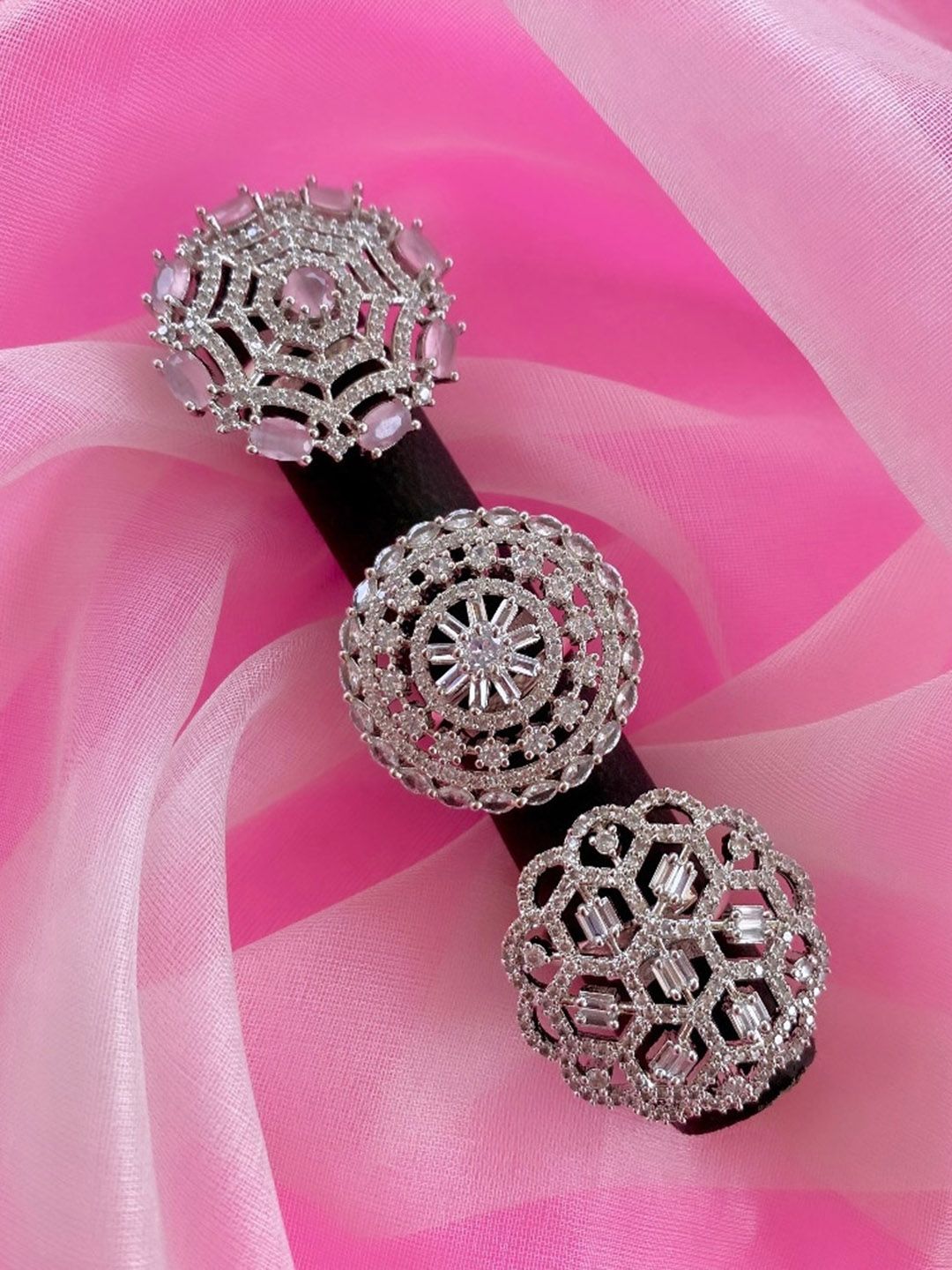 ATIBELLE Women Set of 3 Silver-Plated CZ-Studded Finger Rings
