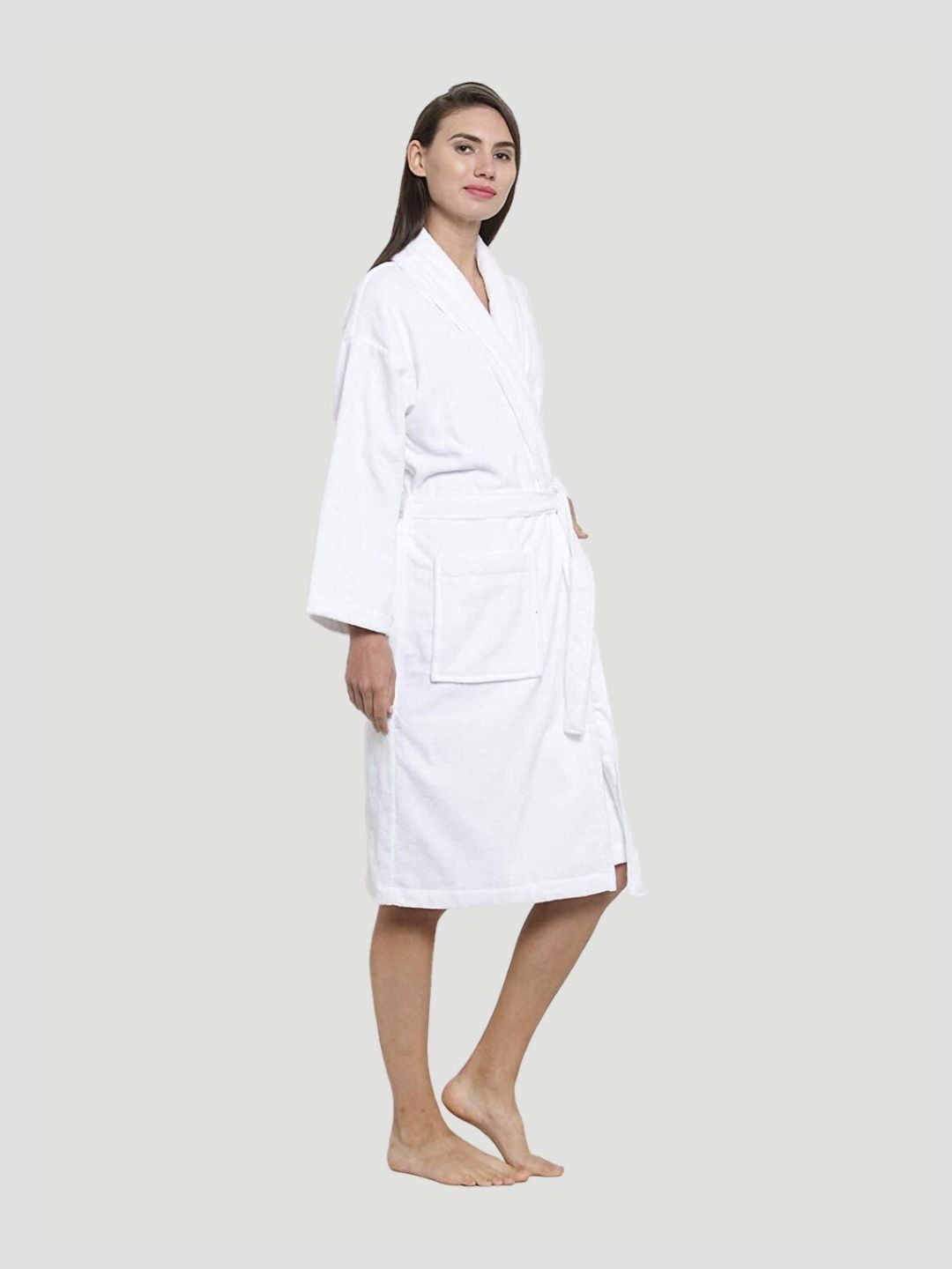 MYTRIDENT Women White Pure Cotton Bath Robe With 2 Front Pockets