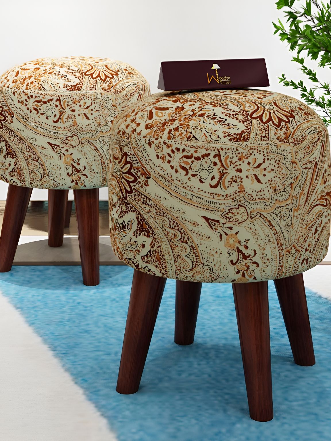 Wooden Twist 2-Pcs Brown Printed Round Wooden Ottomans