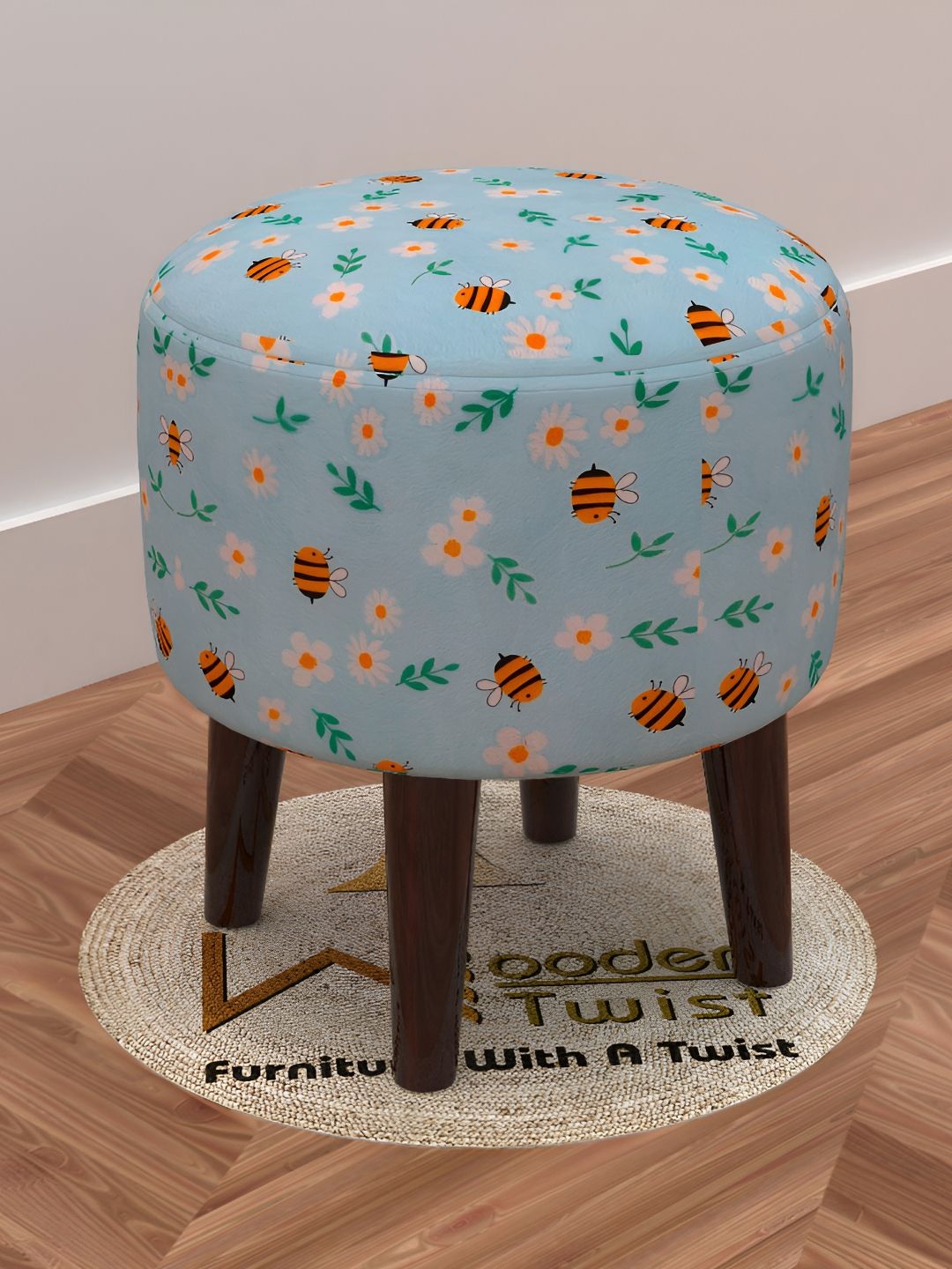 Wooden Twist Blue Printed Puffy Ottoman Stool-picture-18