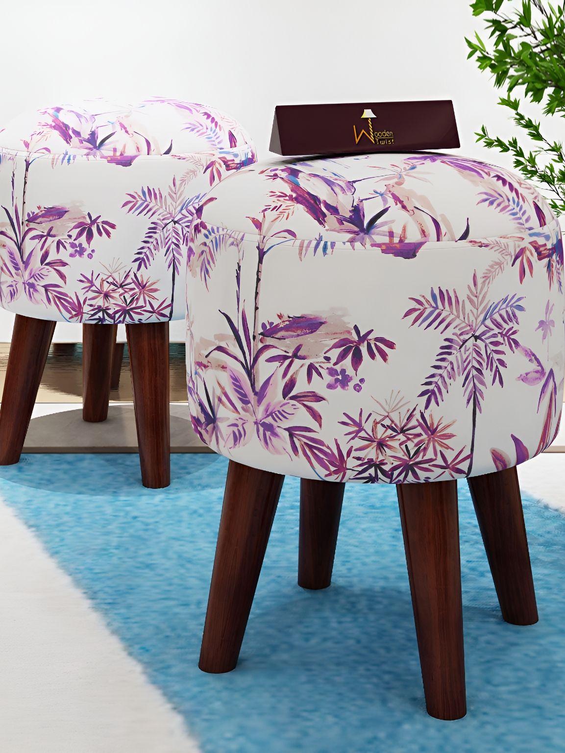 Wooden Twist 2Pcs Brown & Purple Printed Wood Ottomans-picture-33