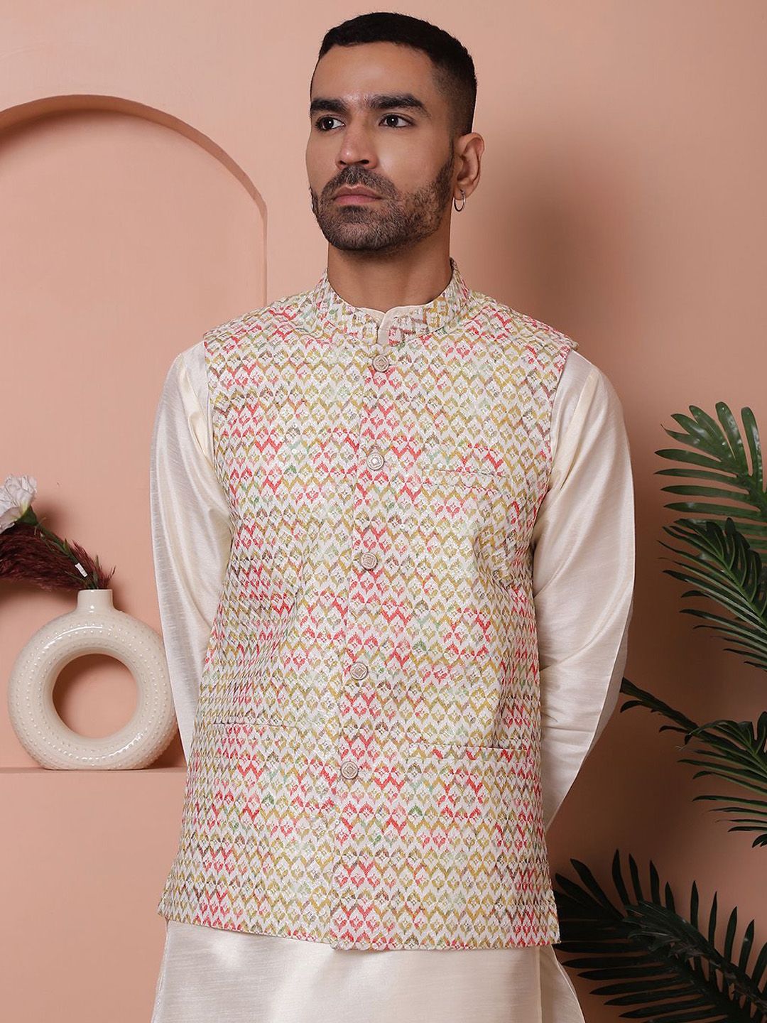 Jompers Floral Printed & Embroidered Satin Nehru Jacket-picture-30