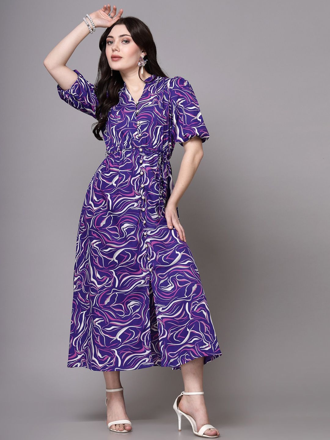 aayu Printed V-neck puff sleeves A-line Midi Dress