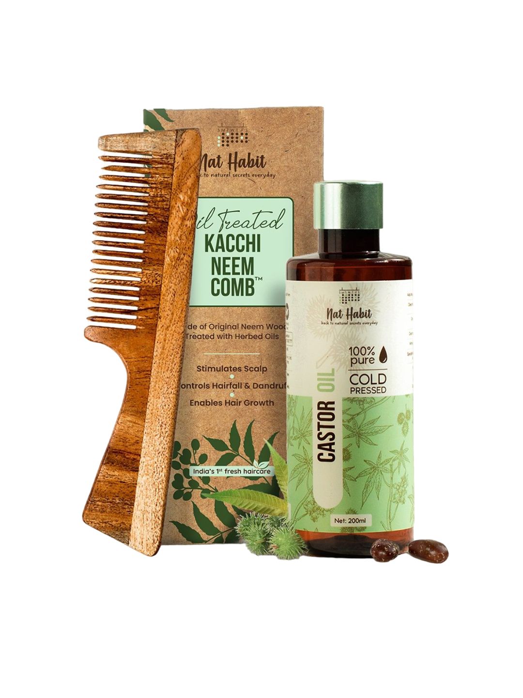 Nat Habit Kacchi Neem Wood Comb & Pure Cold Pressed Castor Oil 200ml-picture-1