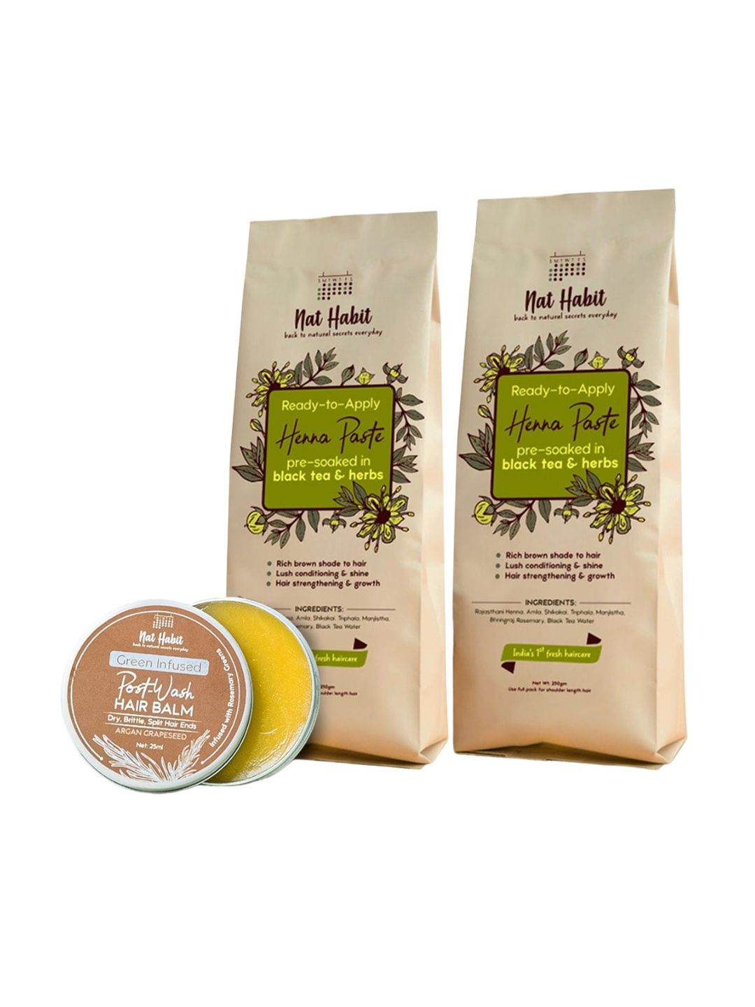 Nat Habit Set Of 2 Ready To Apply Henna Paste - 250g Each Dark Brown & Post Wash Hair Balm-picture-27