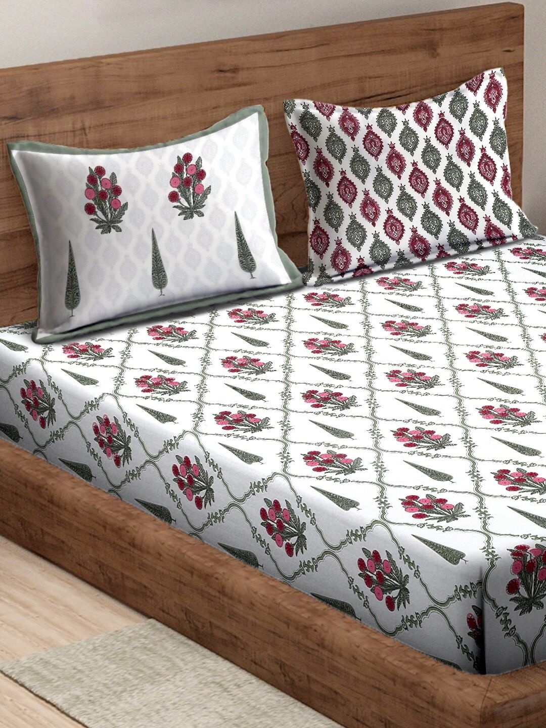 Rajasthan Decor White & Pink Ethnic Motifs 180 TC King Bedsheet with 2 Pillow Covers-picture-23