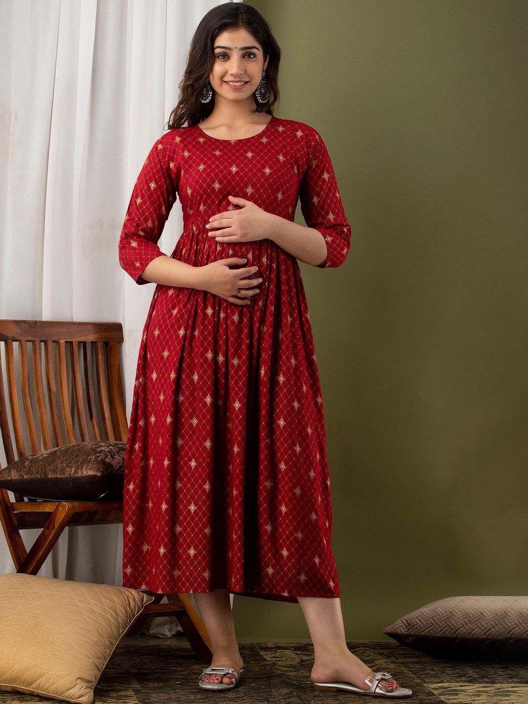 Mialo fashion Printed Flared Midi Maternity Dress-picture-28