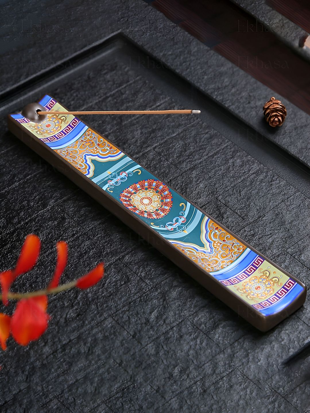 Ekhasa Green & Orange Coloured Printed Ceramic Dhoop Dhani Incense Stick Holder-picture-33
