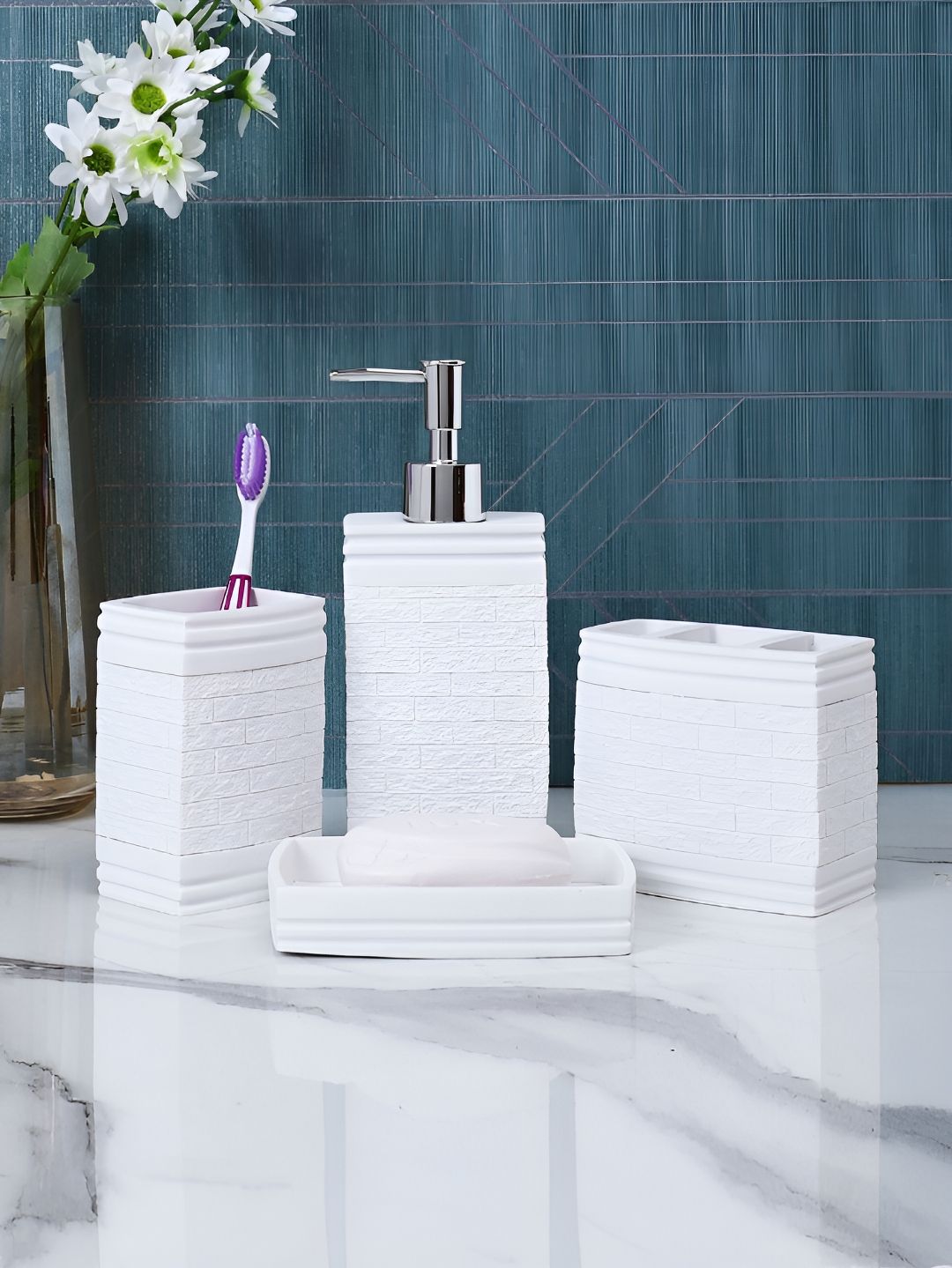 Aura White 4 piece Geometric Resin Bath Accessories Set-picture-30