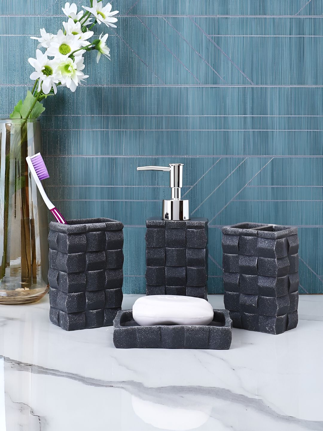 Aura Black 4 piece Checked Resin Bath Accessories Set-image-6
