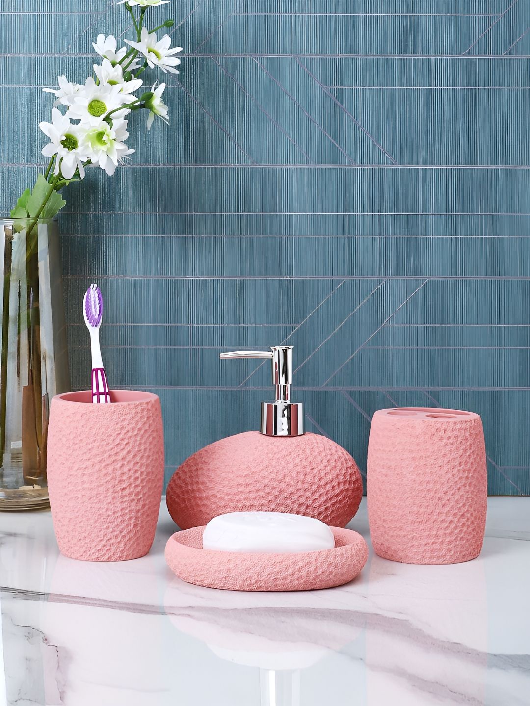 Aura Peach-Coloured 4 piece Textured Resin Bath Accessories Set-picture-41