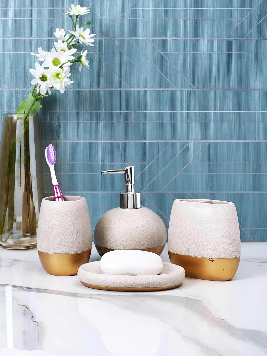 Aura Cream-Coloured & Gold-Toned 4 piece Solid Resin Bath Accessories Set-image-10