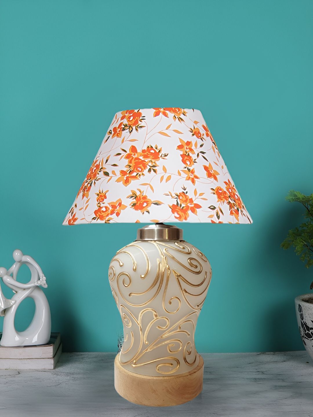 Devansh White Printed Glass Traditional Frusturical Shaped Table Lamp-picture-14