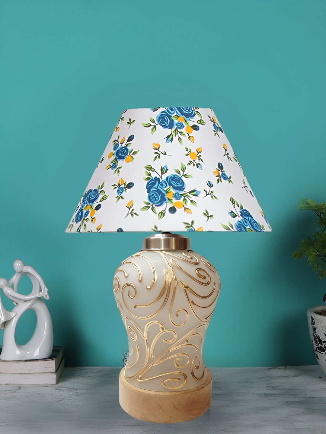 Devansh White Printed Glass Traditional Frusturical Shaped Table Lamp-picture-13
