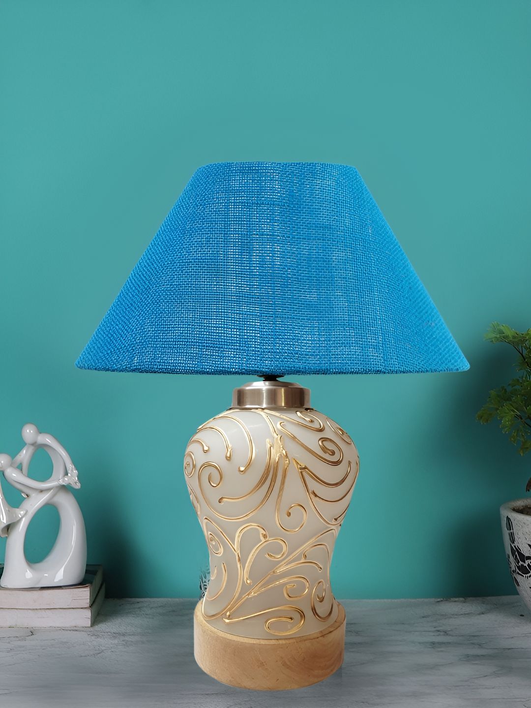 Devansh Turquoise Blue Glass Traditional Frusturical Shaped Table Lamp-image-48