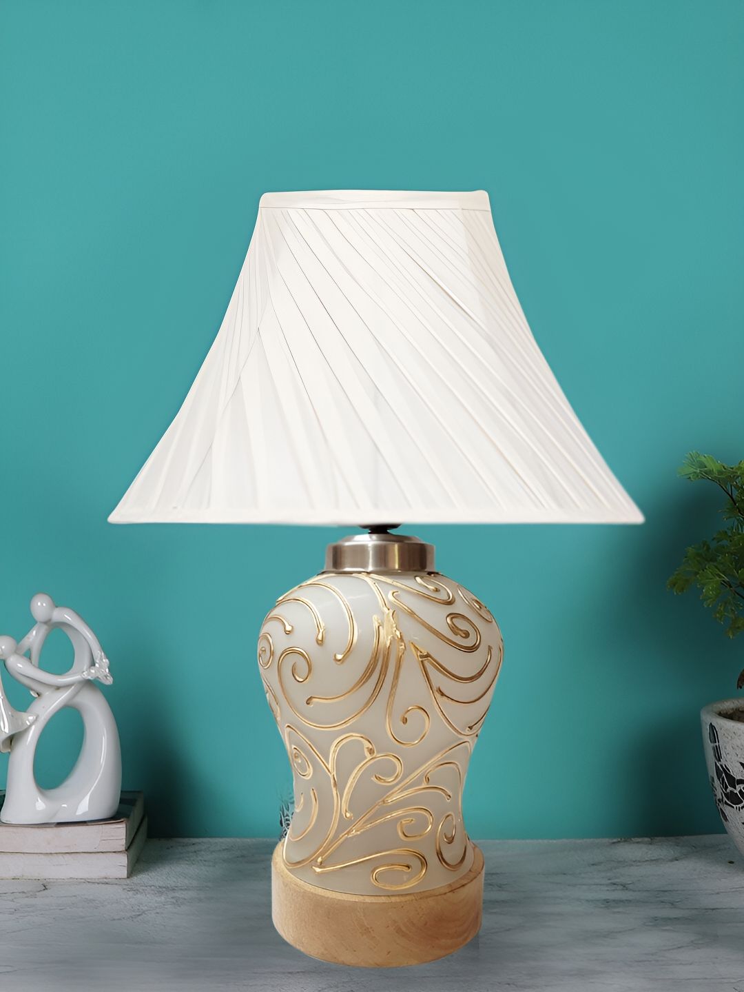 Devansh Off White Textured Glass Traditional Frusturical Shaped Table Lamp-image-20