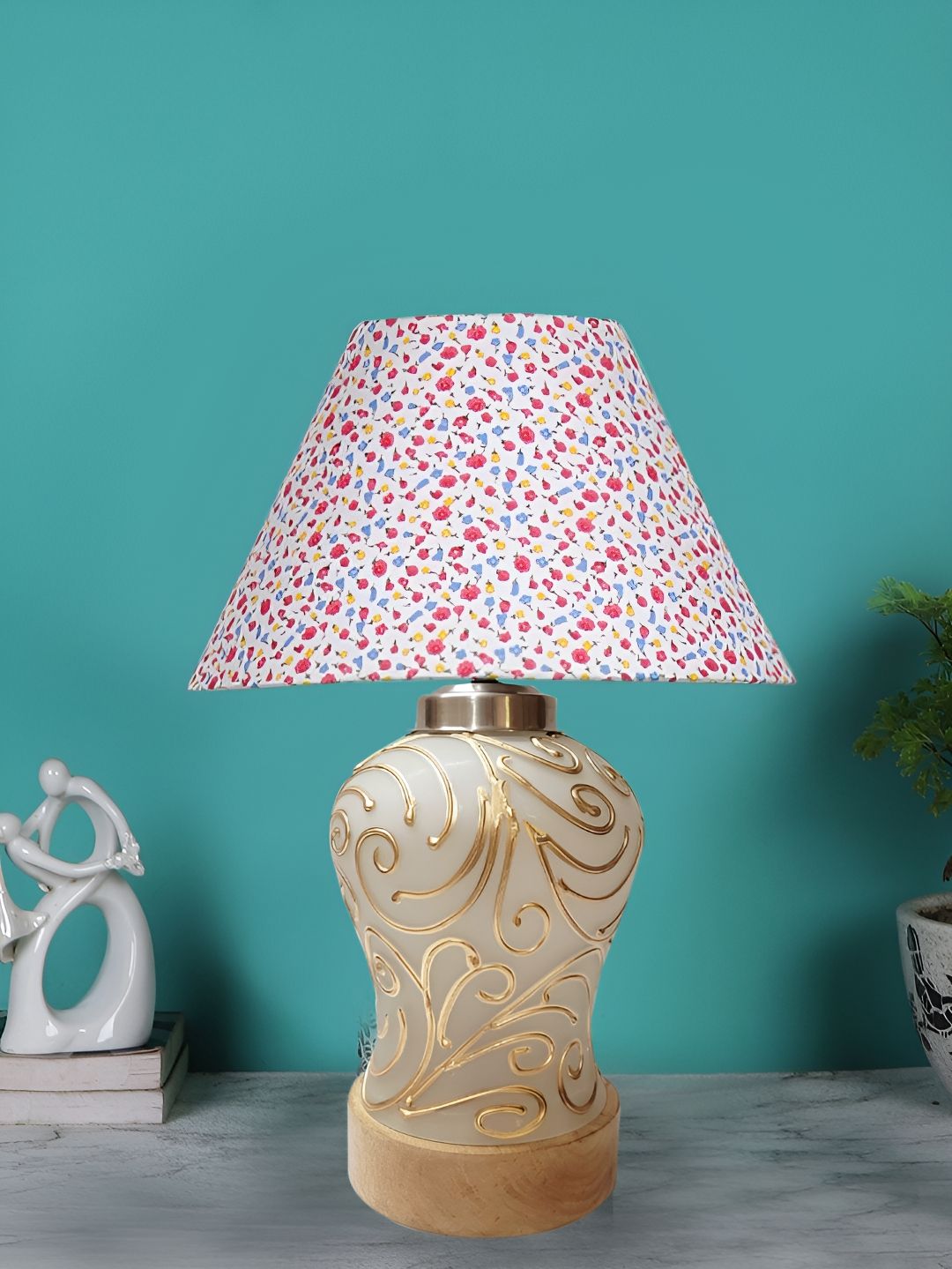 Devansh White Printed Glass Traditional Frusturical Shaped Table Lamp-picture-12