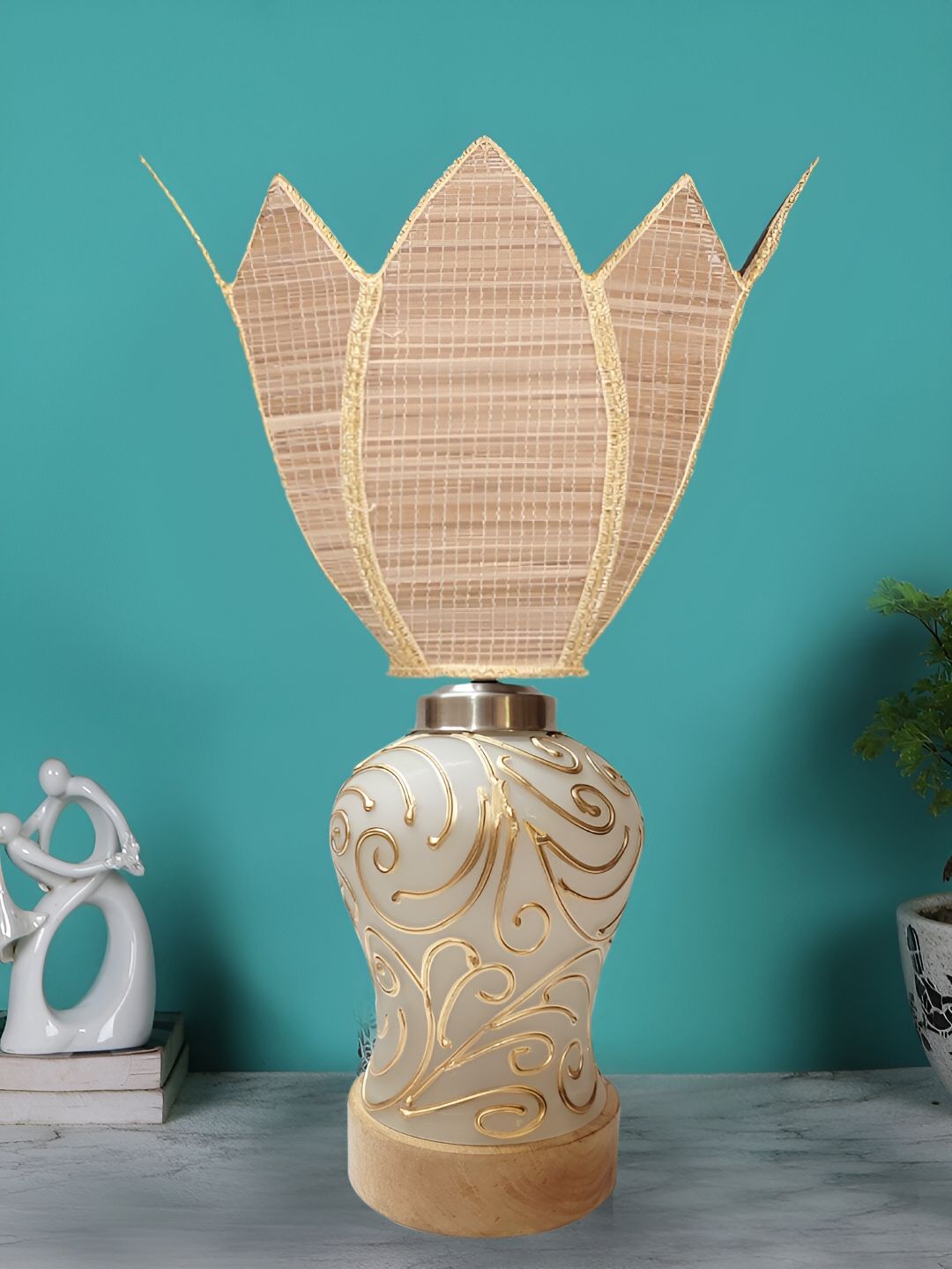 Devansh Beige Textured Glass Traditional Abstract Shaped Table Lamp-image-8