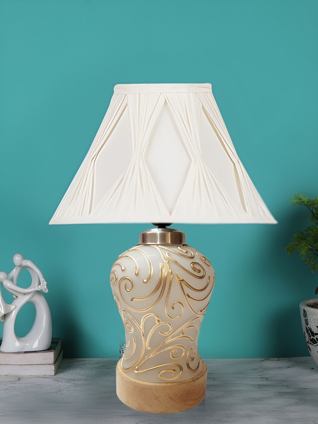 Devansh Off White Textured Glass Traditional Frusturical Shaped Table Lamp-image-43