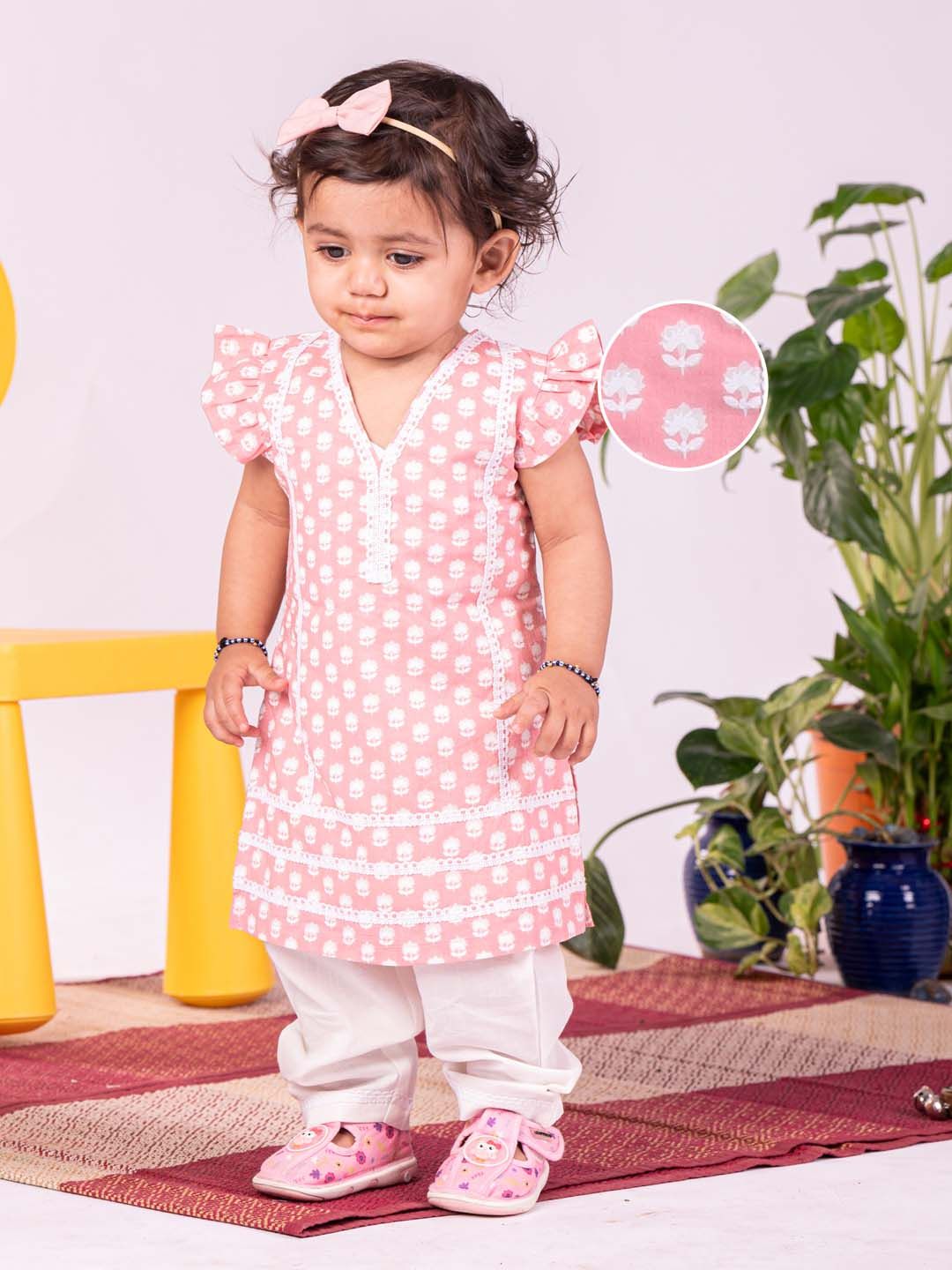 VASTRAMAY Girls Floral Printed Regular Pure Cotton Kurta with Pyjamas-picture-32