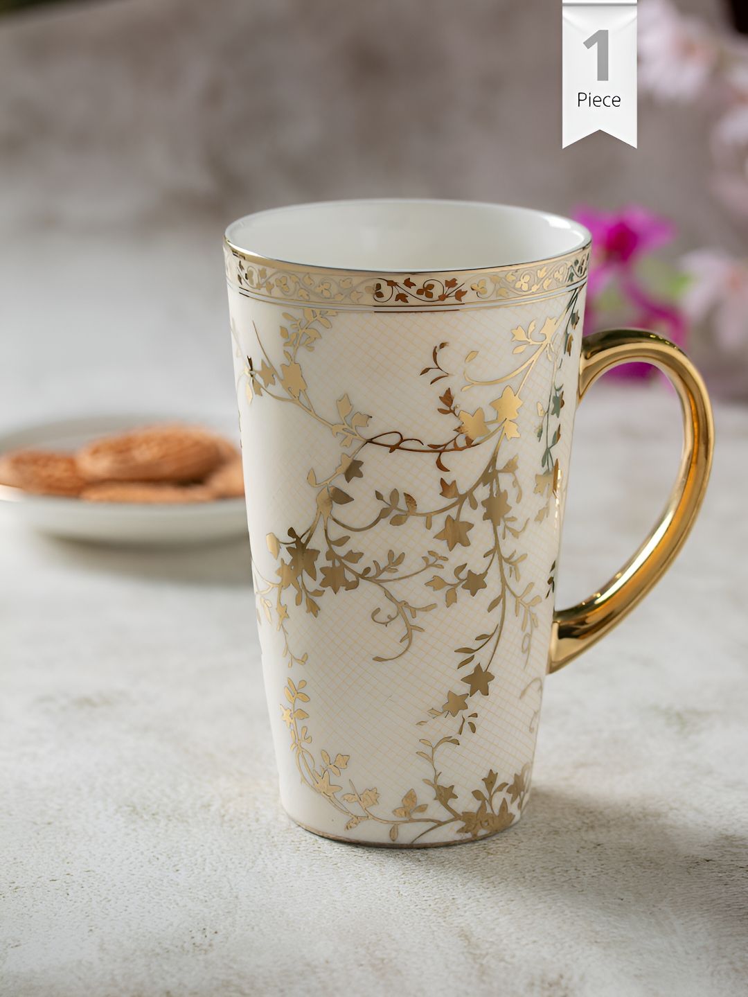 CLAY CRAFT Ebony Gold-Toned & White Printed Ceramic Glossy Mug 600 ml-image-6