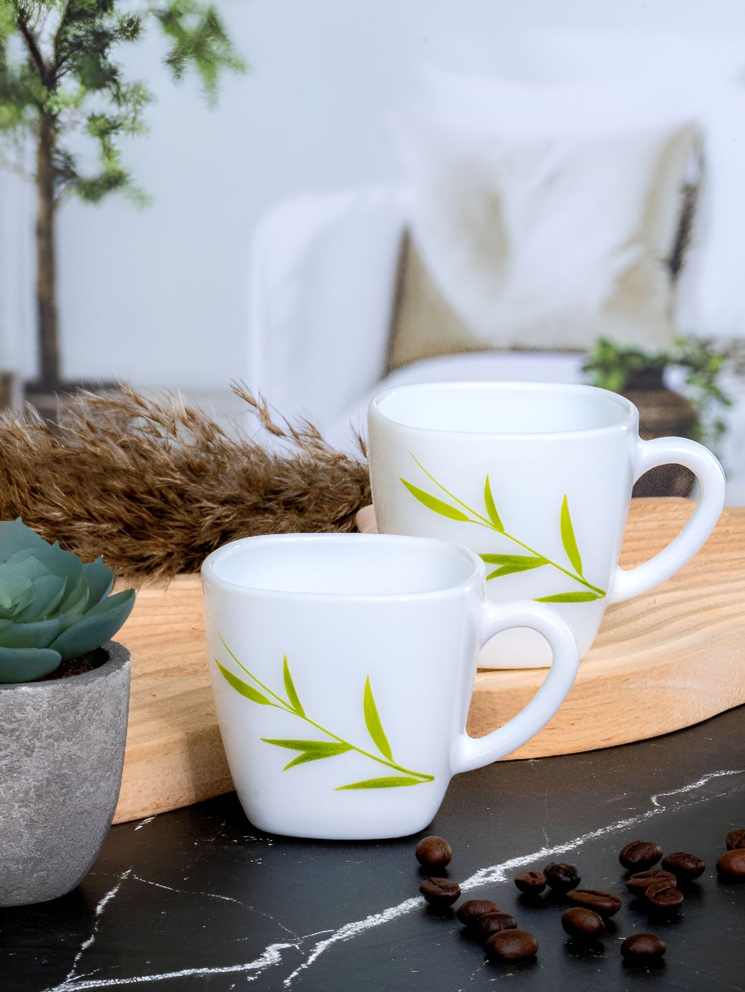 Cello White & Green 6 Pieces Floral Printed Glossy Cups 100 ml-image-41