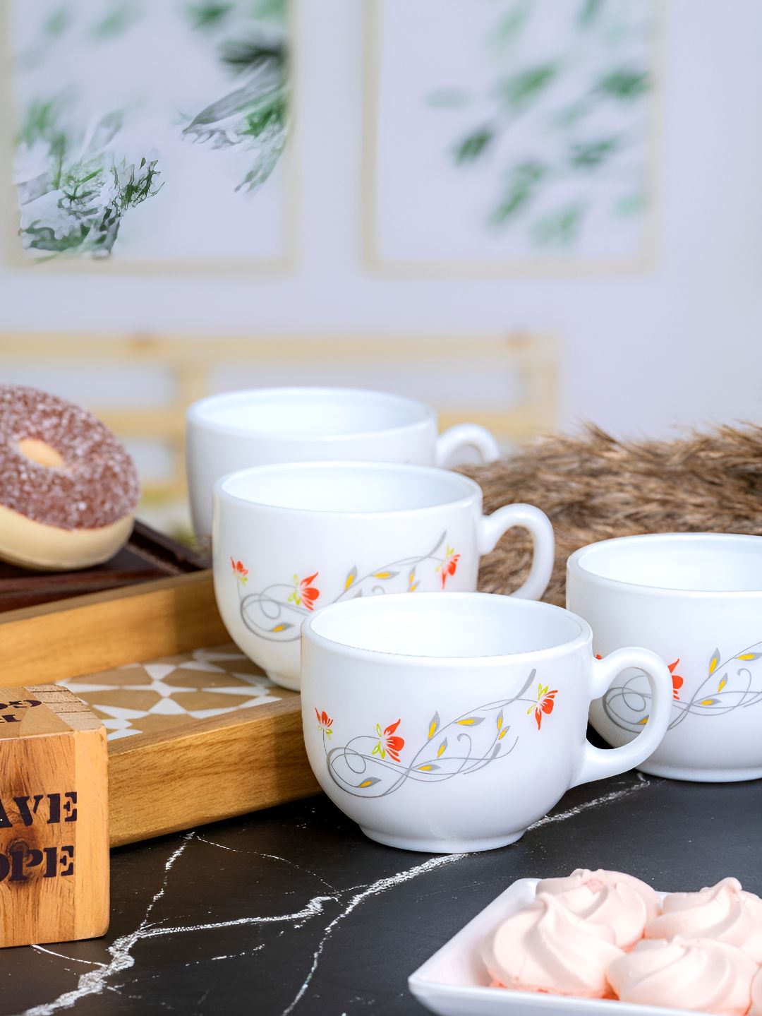 Cello White & Red 6 pieces Floral Printed Glossy Cups 160 ml