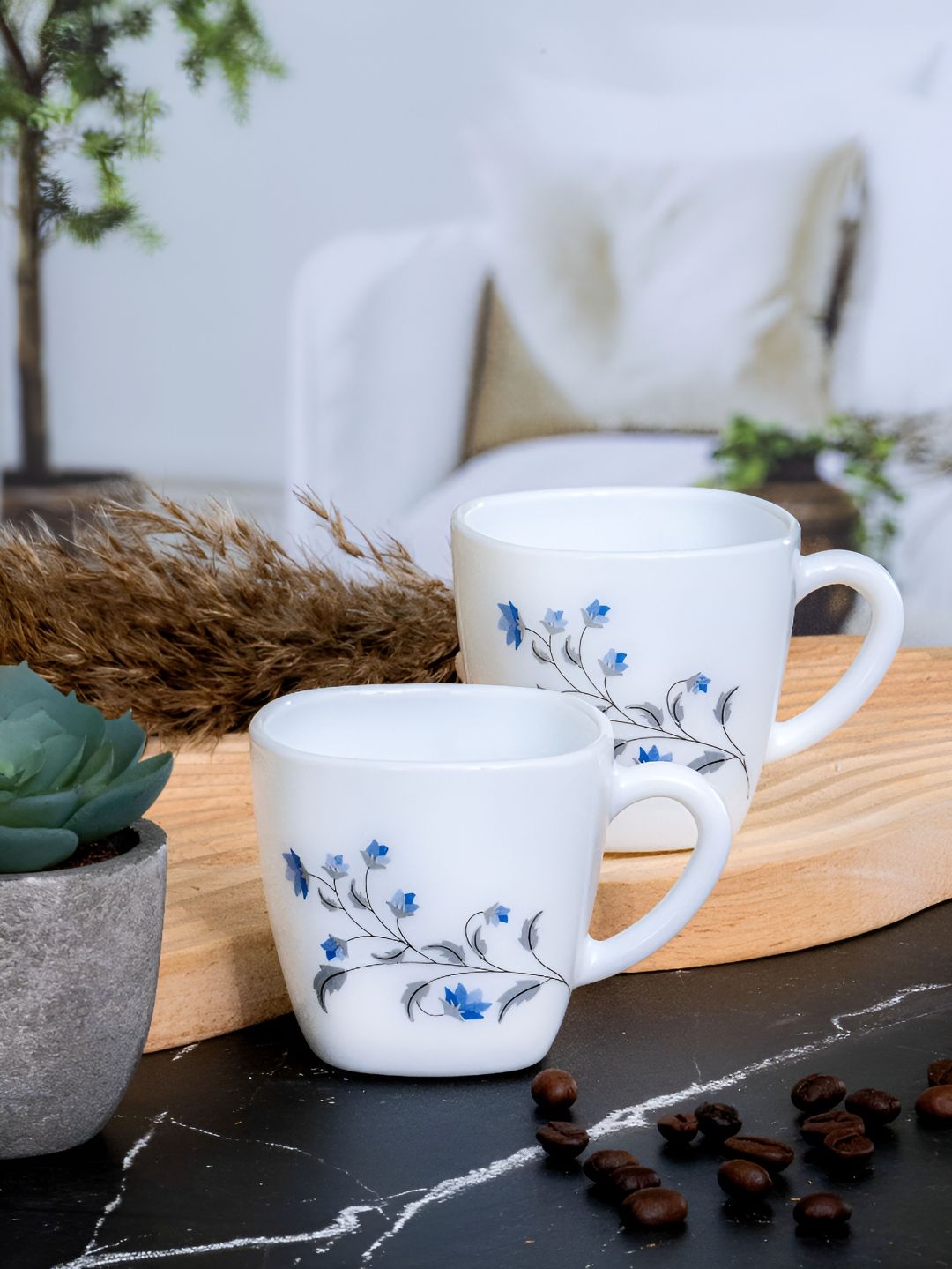 Cello White & Blue 6Pcs Printed Opalware Glossy Cups 100ml Each-picture-33