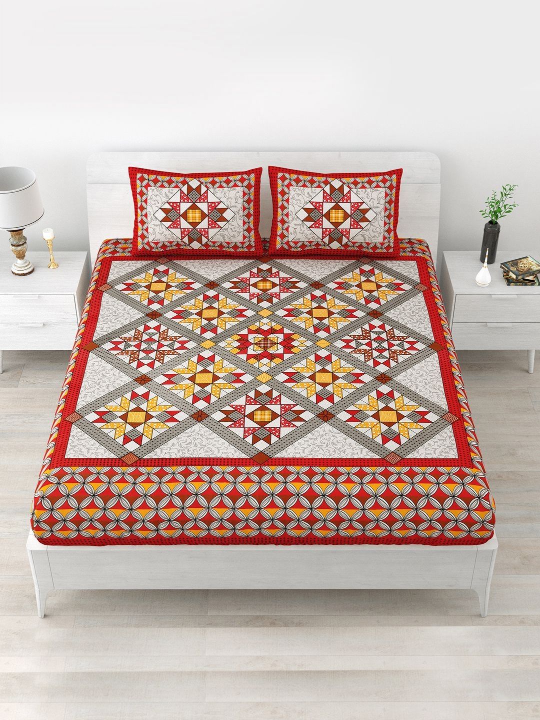 Aapno Rajasthan Red & Grey Geometric 120 TC Cotton Queen Bedsheet With 2 Pillow Covers-picture-10