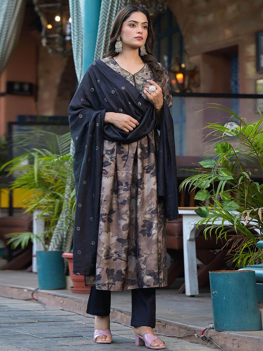 yoke design empire chanderi silk a-line kurta with trousers & dupatta main image 1
