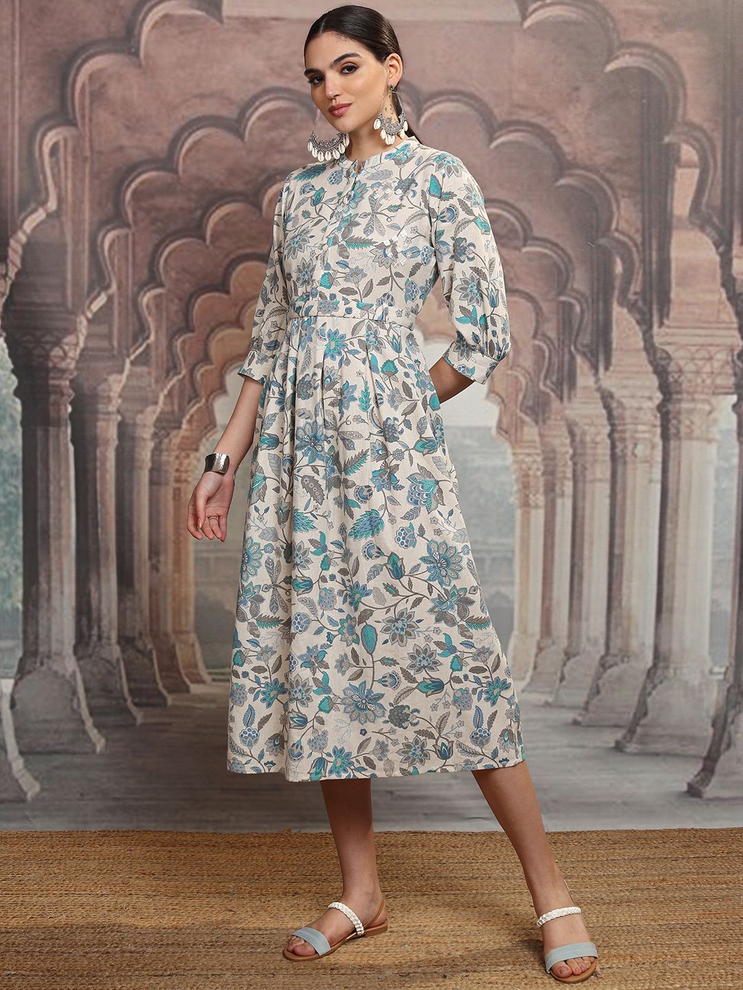 Buy Vishudh Beige & Blue Floral Printed Mandarin Collar Cotton A Line ...