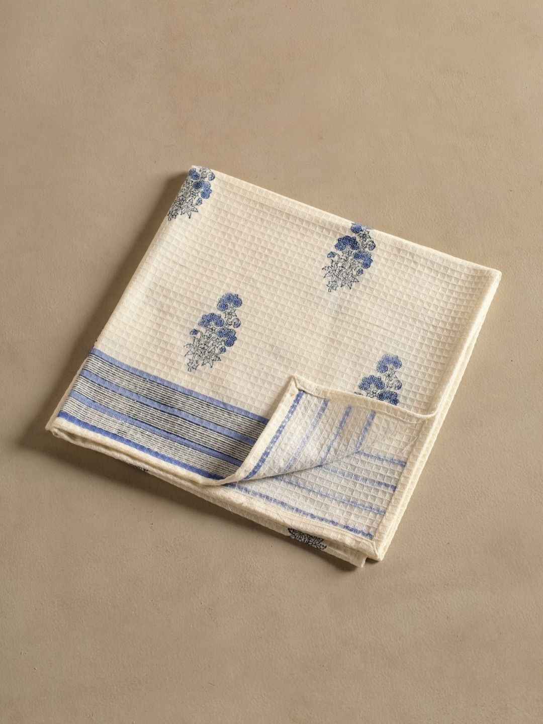 Peepul Tree Off White & Blue Printed Cotton 300 GSM Towe-image-7