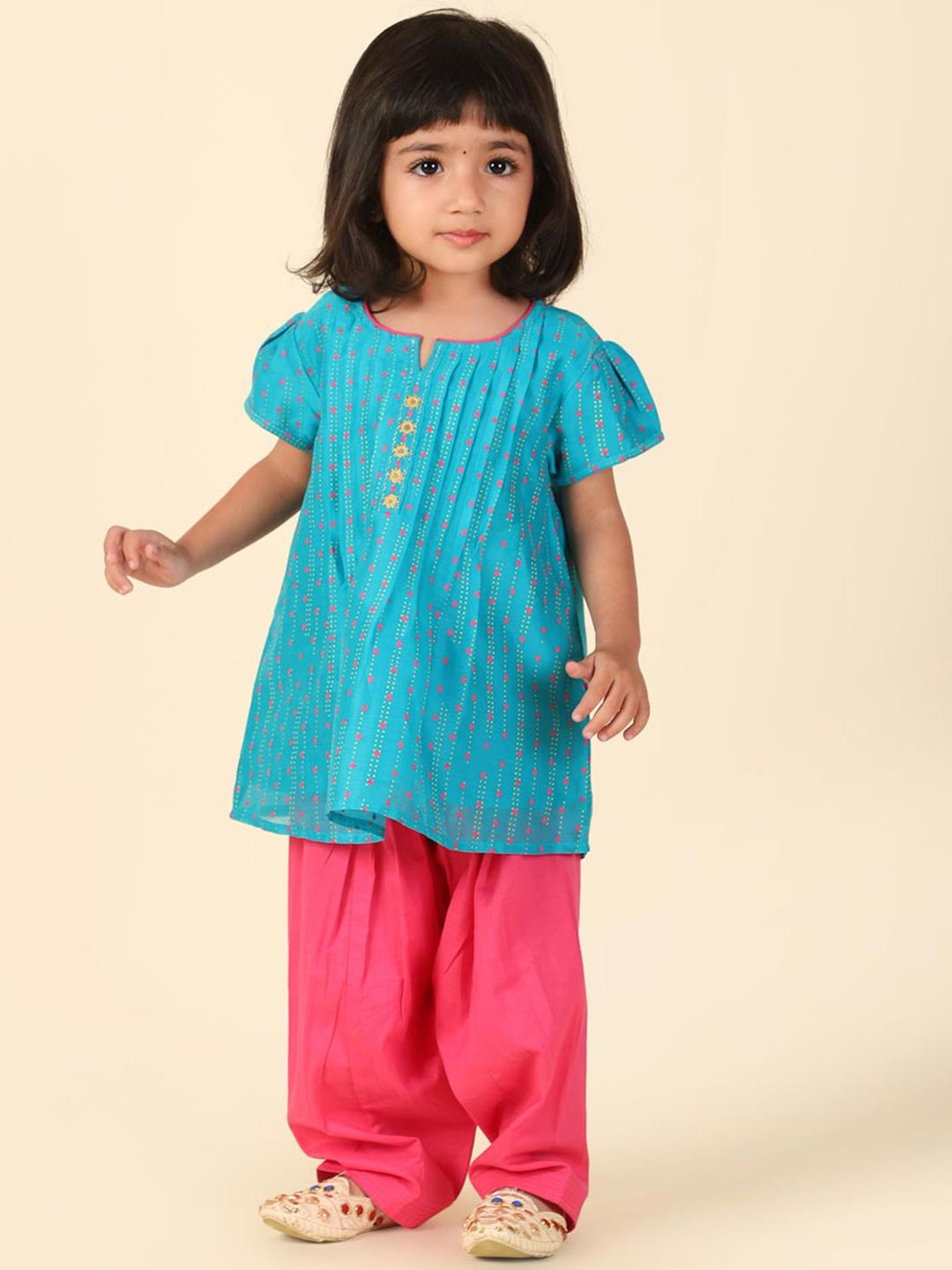Fabindia Girls Ethnic Motifs Printed Mirror Work Cotton Silk Anarkali Kurta With Salwar-picture-31