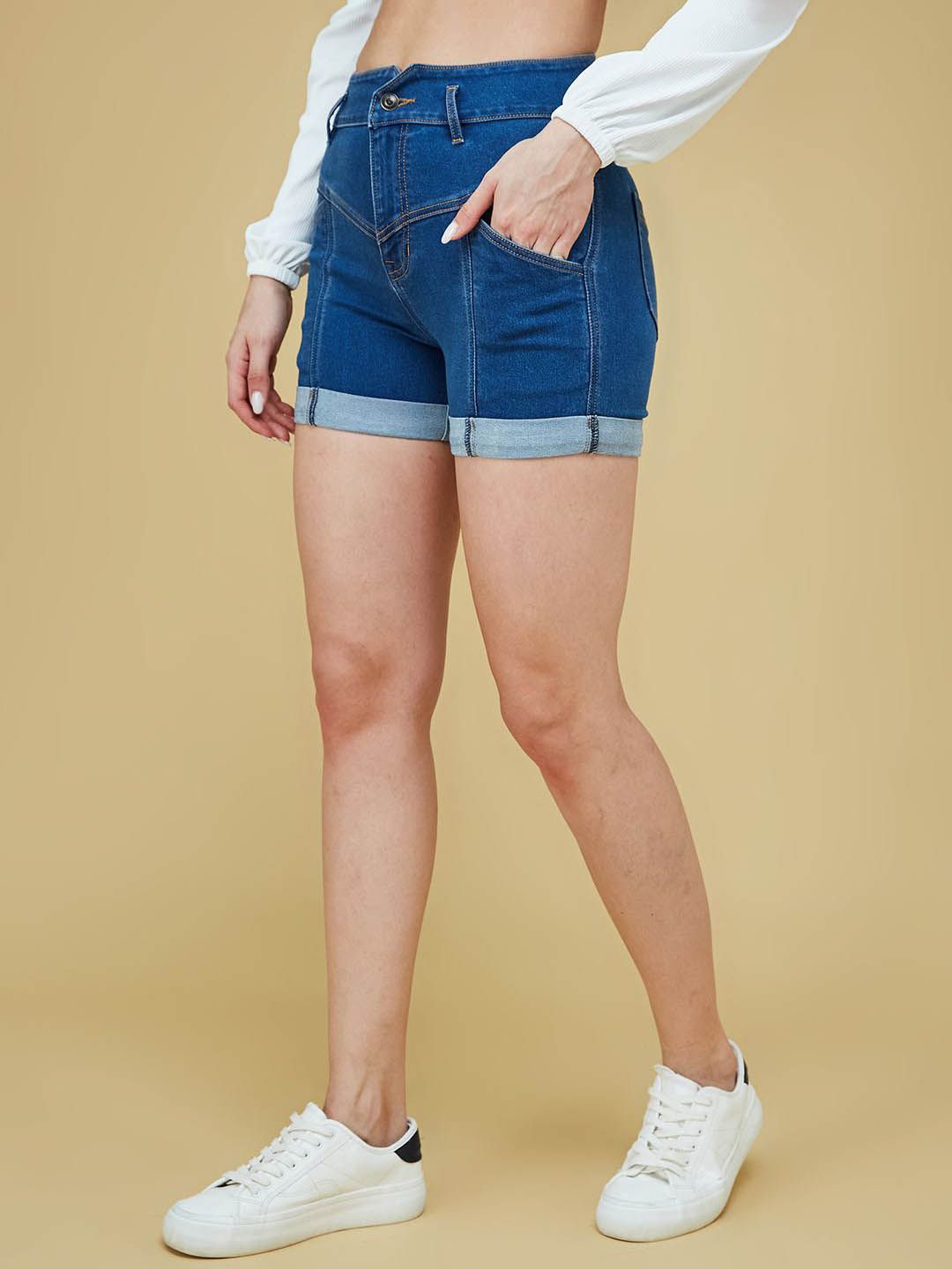 Life With Pockets Women High-Rise Panelled Relaxed Fit Casual Denim Shorts-picture-29